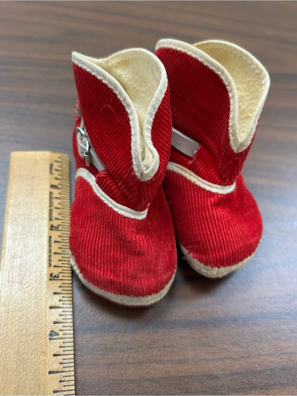 Vintage Corduroy Baby Crib Shoes with Cream Trim Leather Buckles